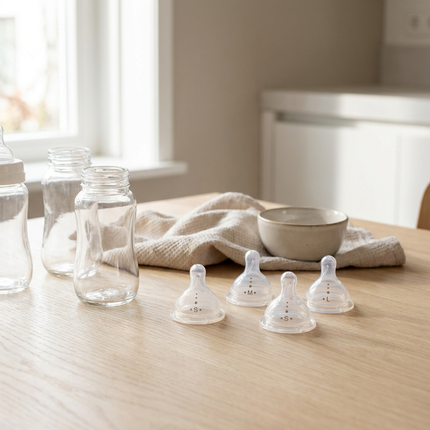 Close-up van verschillende Difrax flesspenen in S, M en L naast een babyfles op een lichte houten tafel in zacht daglicht.