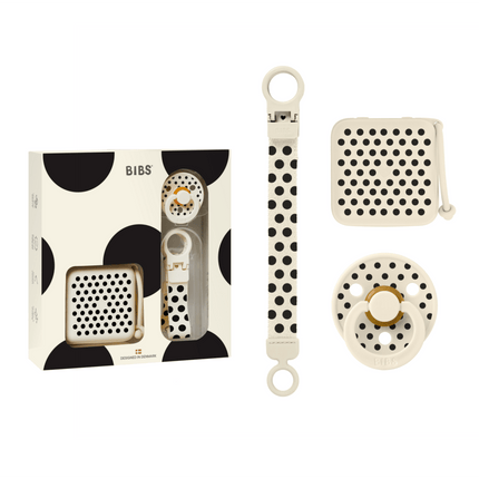 BIBS Gift Set Polka Soothe & Go Latex Ivory Black koop je bij Babywinkel