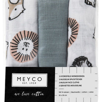 Meyco Monddoekje 3St Animal/Uni Stone Green/Animal - Meyco - Babywinkel - 4054703457193