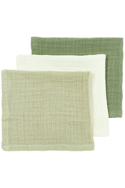 Monddoekjes 3 - pack pre - washed hydrofiel Uni - naturel/soft olive/olive green - 30x30cm - Babywinkel - 4054703508239